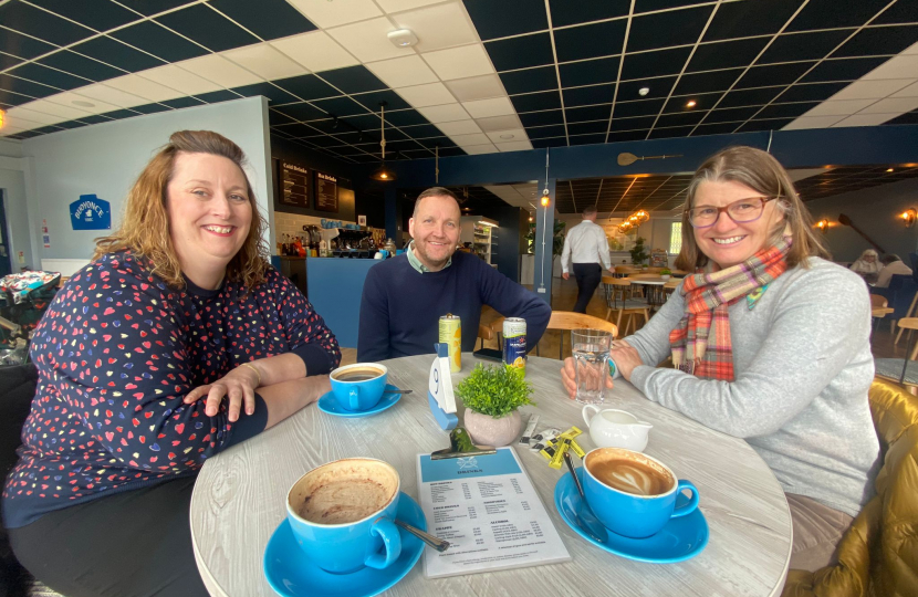 Rachel with Cllr Jo Beecham and Cllr Matt Dormer at the Boathouse Café at Arrow Valley Country Park