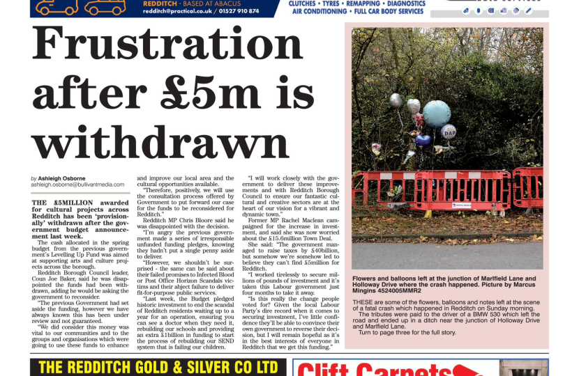 The front page of the Redditch Standard