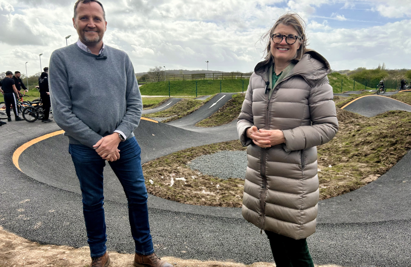 Rachel with Cllr Matt Dormer at the brand-new pump track.