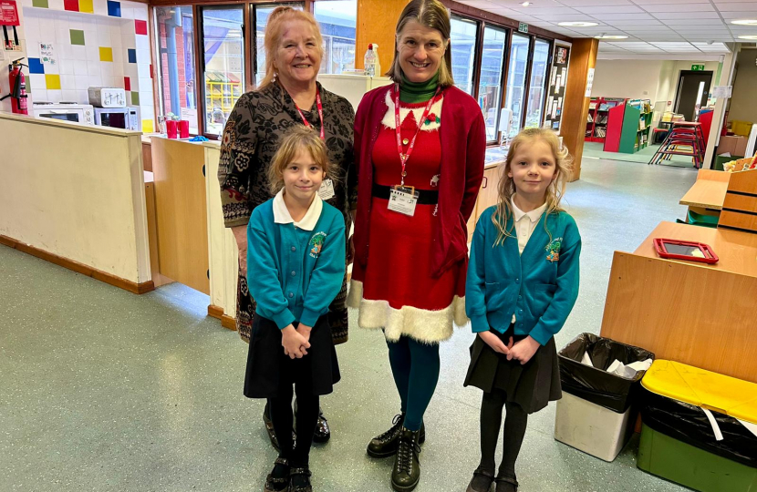 Rachel and Cllr Karen Ashley with Grace and Julia from Abbeywood First School