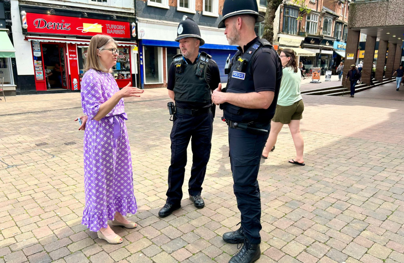 Rachel with PS Roberts and PC Moore in Redditch town centre.