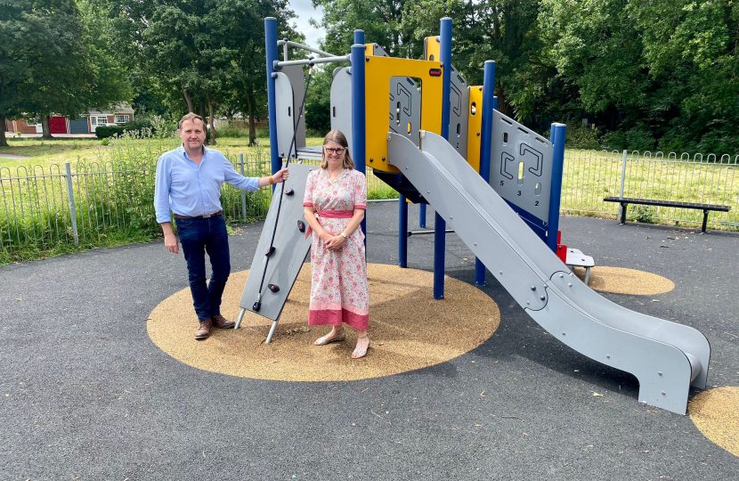 Rachel with Cllr Matt Dormer at the brand-new playground